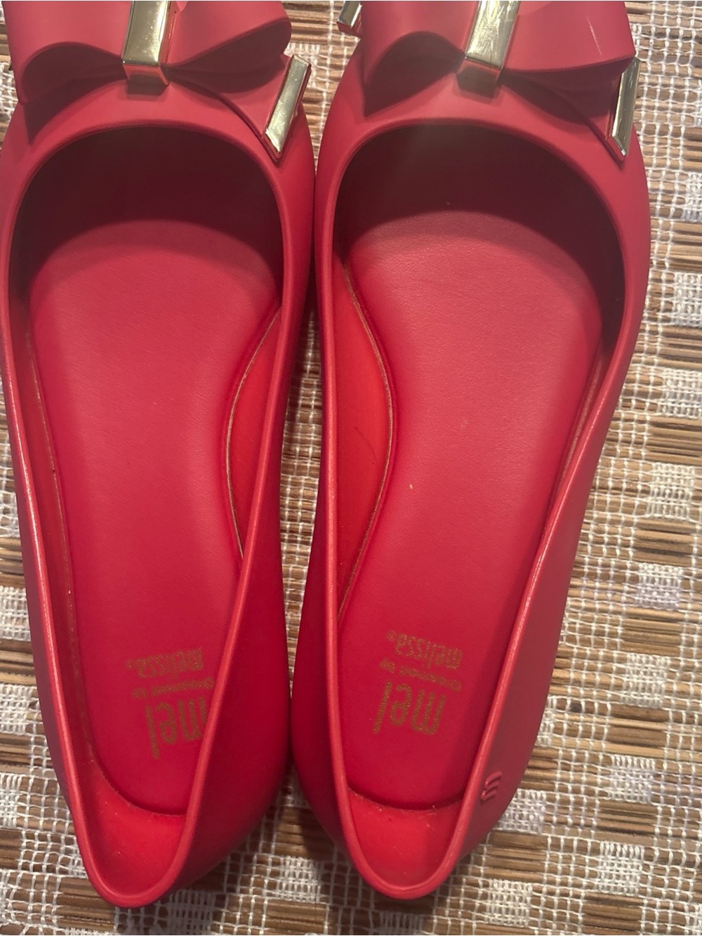 Melissa Red Bow Ballet Flats with Gold Accent